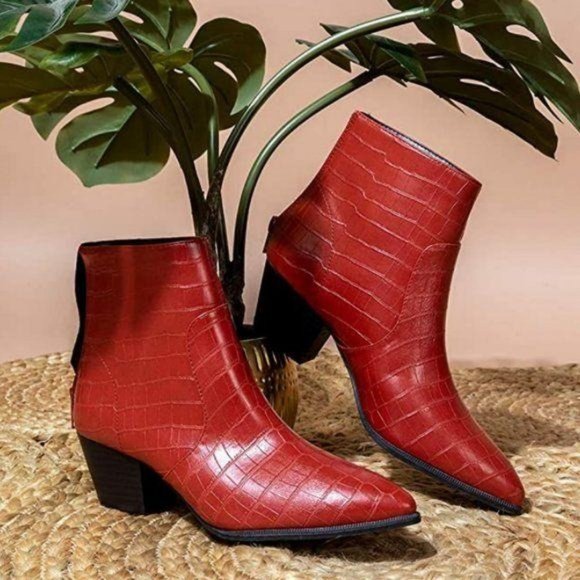 Pointed Toe Embossed Crocodile Booties - Brick Red - Picture 3 of 4